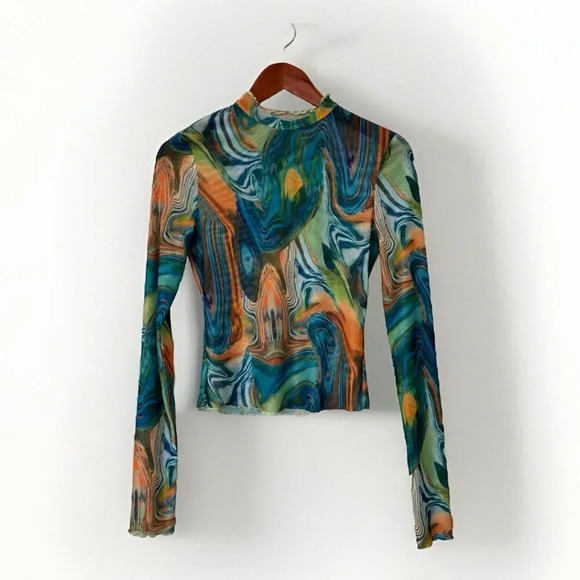 Y2k Blue Brown Marble Long Sleeve Shirt Retro Indie Mod 2000s Small Sheer - Picture 1 of 5